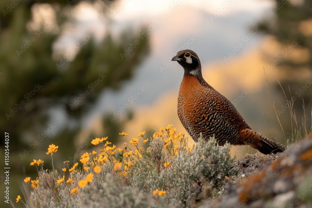 Colorful bird stands among wildflowers in a serene mountain landscape during golden hour Colorful bird stands among wildflowers in a serene mountain landscape during golden hour