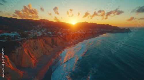 Dramatic coastal sunset over a hillside town with waves crashing on the beach. Aerial view.