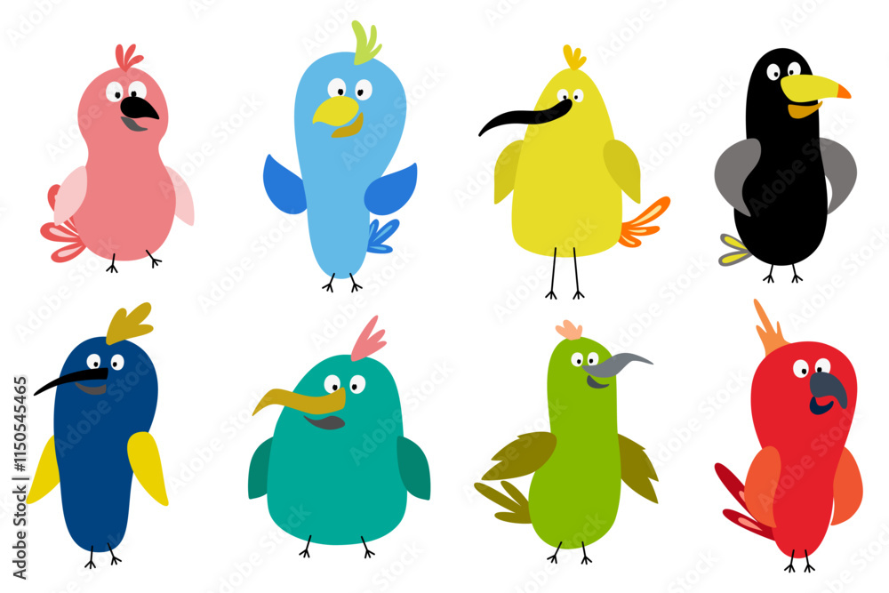 Funny birds. Cartoon colorful sparrow characters, happy flying animals with colorful wings and beaks Funny birds. Cartoon colorful sparrow characters, happy flying animals with colorful wings and beaks