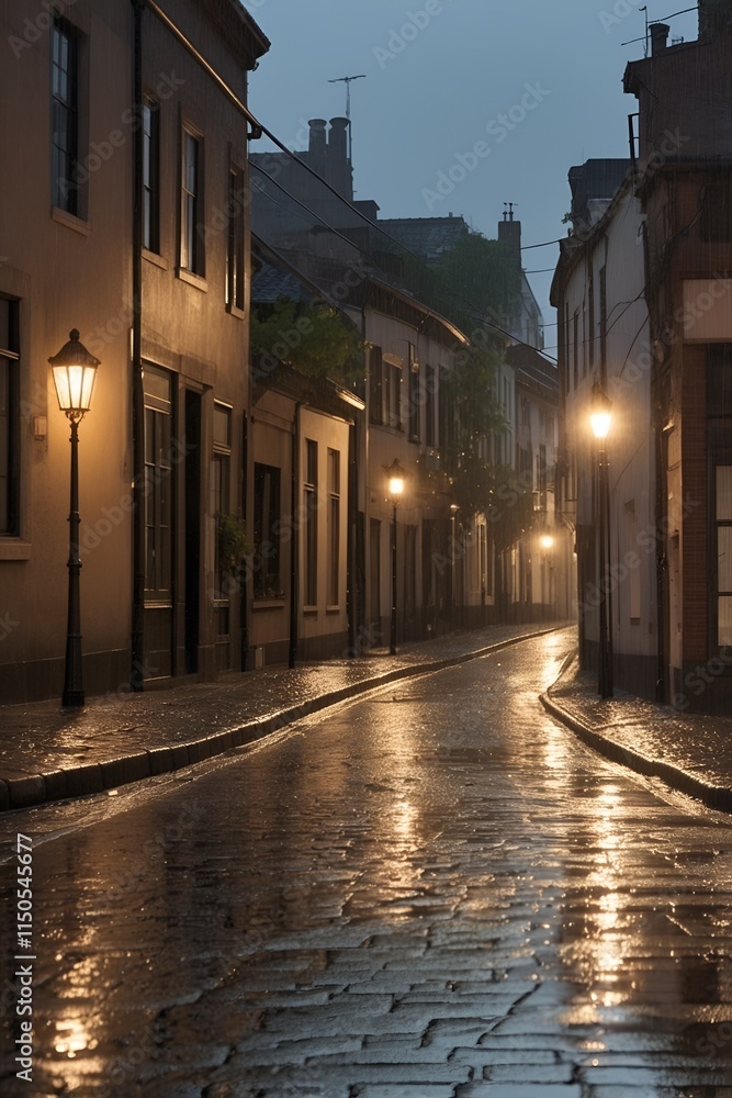 Fototapeta premium Rainy Street: A cobblestone street with reflections from streetlights after rain.