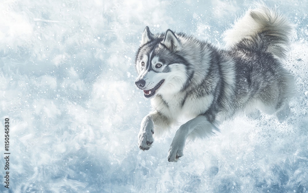 Naklejka premium A fluffy gray Siberian husky in a dynamic leap, with its fur highlighted against a soft icy blue background