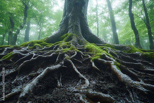 Massive tree roots covered with moss in a misty forest, symbolizing strength and connection photo