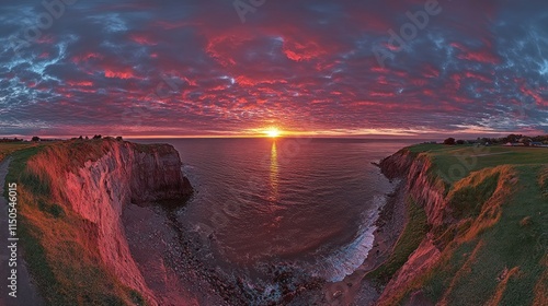 Dramatic sunset over coastal cliffs with vibrant colors. photo