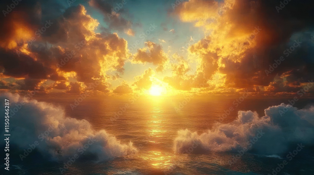 Obraz premium Dramatic sunset over ocean with clouds.