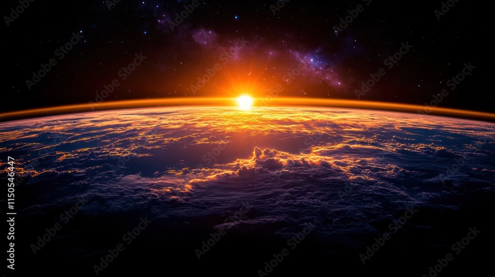 Earth sunrise from space, with dramatic clouds and Milky Way. Earth sunrise from space, with dramatic clouds and Milky Way.