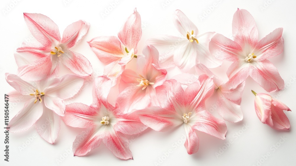 Pink and White Tulip Flowers Scattered on White Background | Delicate Floral Arrangement for Springtime Decor, Wedding Invitations, Mother's Day Greetings Pink and White Tulip Flowers Scattered on White Background | Delicate Floral Arrangement for Springtime Decor, Wedding Invitations, Mother's Day Greetings