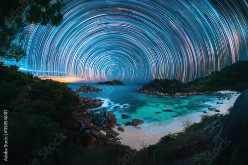 Star Trails Over Tropical Island Beach Scene photo