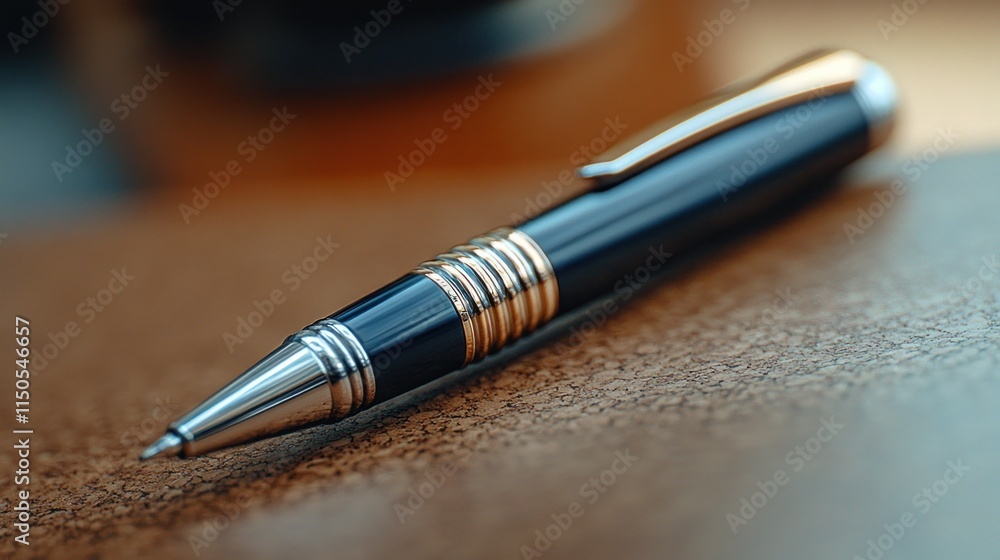 Elegant dark blue pen with gold accents on a wooden surface. Elegant dark blue pen with gold accents on a wooden surface.