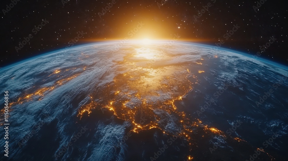 Fototapeta premium Earth sunrise from space, with illuminated continents.