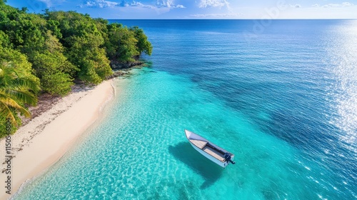 Secluded Tropical Beach Paradise: A small boat gently floats in crystal-clear turquoise waters, nestled beside a pristine sandy beach fringed by lush green tropical foliage.