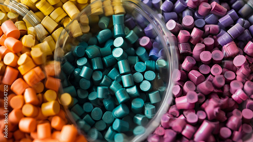 Close up of plastic polyethylene pellets in various colors generated.AI