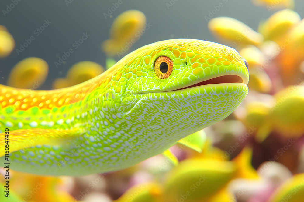 Fototapeta premium Colorful aquatic creature swimming in vibrant underwater environment with coral and plants surrounding it