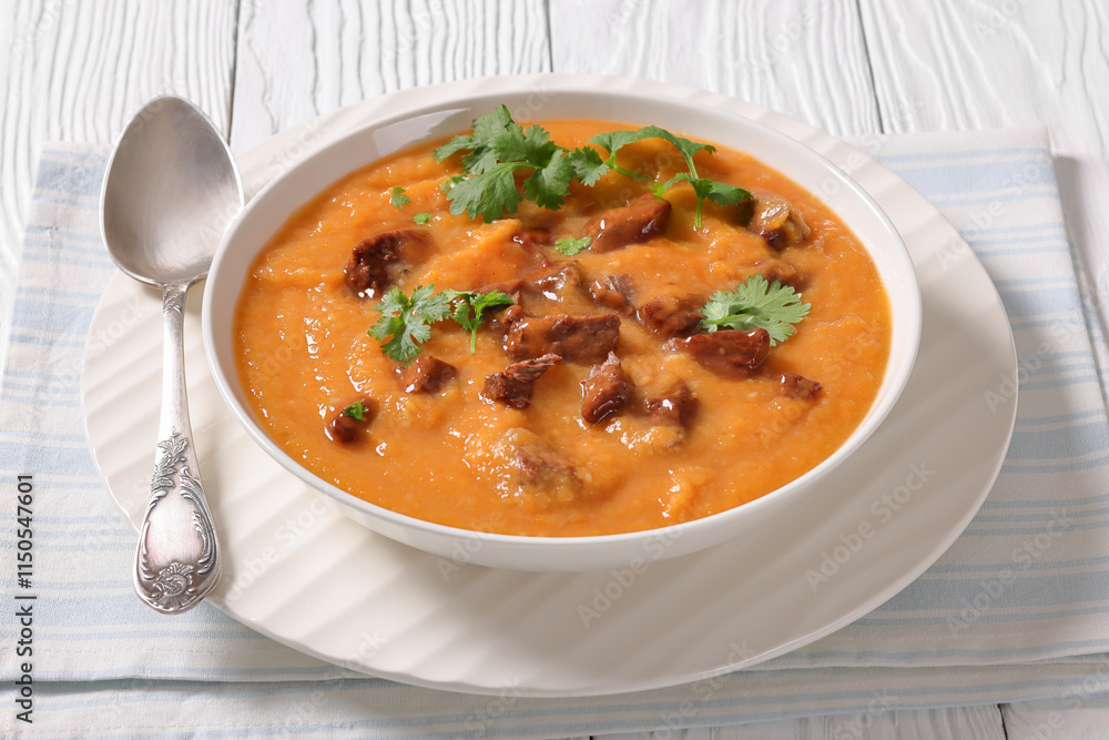 creamy carrot beef soup in a white bowl creamy carrot beef soup in a white bowl