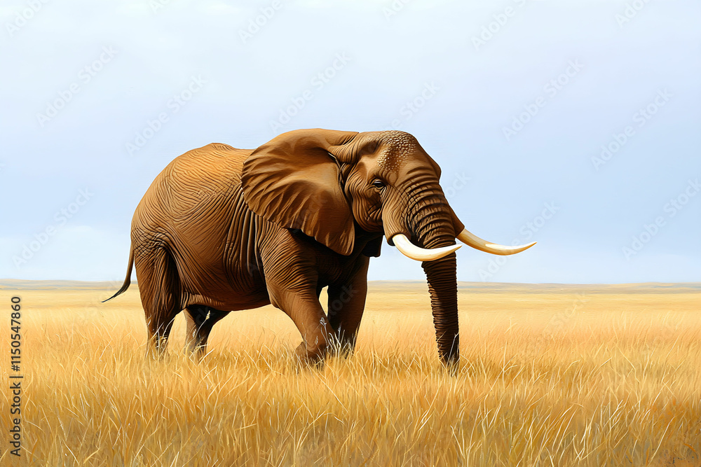 Fototapeta premium Majestic African Elephant Walking Through Golden Grass Under a Soft Blue Sky