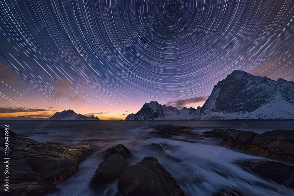 Fototapeta premium Star Trails Over Lofoten Islands Mountains And Ocean