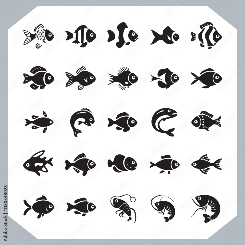 Obraz premium Seamless Fish Silhouette Logotype Icons Collection for Marine, Seafood, and Fishing Businesses in white background