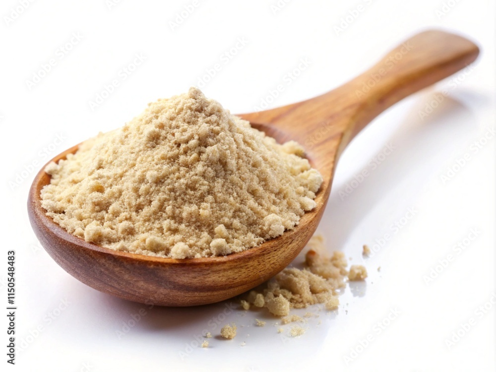 Ashwagandha Powder Pile In Wooden Spoon Isolated On White Background Ashwagandha Powder Pile In Wooden Spoon Isolated On White Background