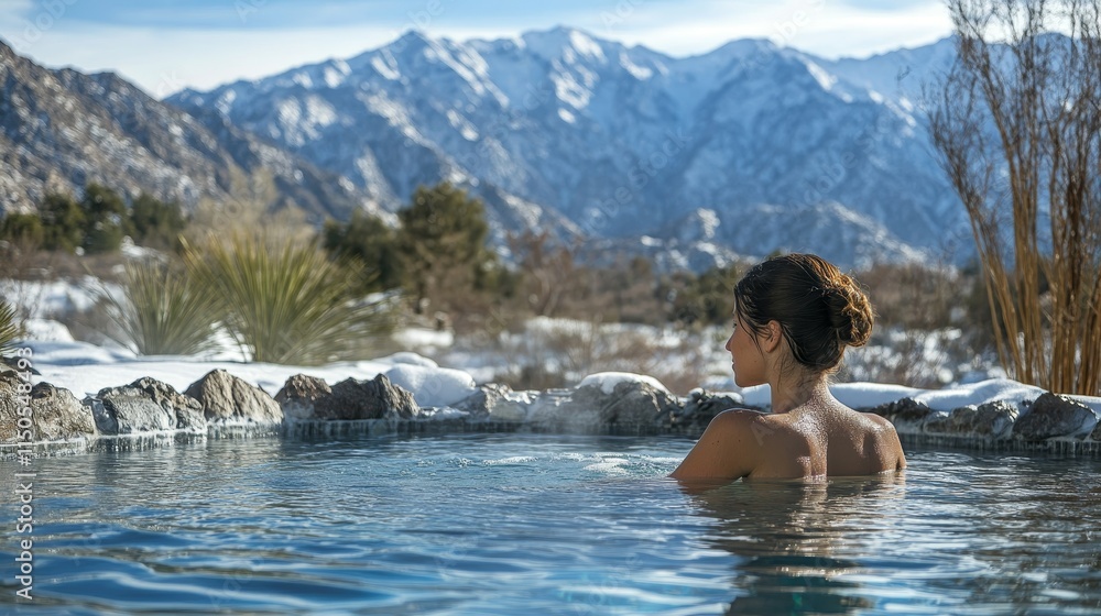 Fototapeta premium Woman enjoying spa in hot springs composition background 