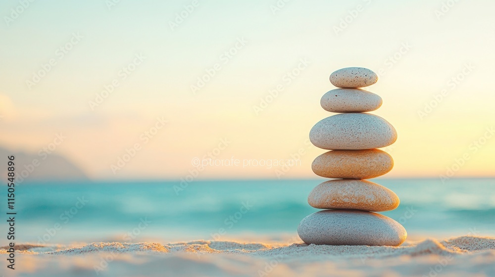 Stack of pebbles on a sandy beach during sunset. Balance and relaxation concept for greeting card, Stack of pebbles on a sandy beach during sunset. Balance and relaxation concept for greeting card,