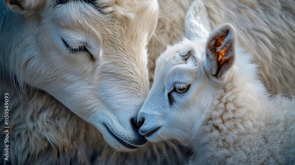 Naklejka premium A baby goat nursing from its mother, their soft fur and intimate connection captured in close-up detail, with the focus entirely on their bond. 