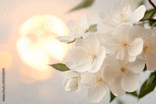 Beautiful white flowers blooming at sunset with soft light in the background