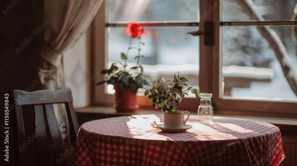 Cozy window seat with a small table, red checkered tablecloth, potted plants, and a glass of water on a sunny winter day. Cozy window seat with a small table, red checkered tablecloth, potted plants, and a glass of water on a sunny winter day.