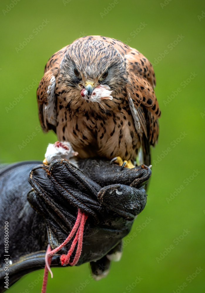 Falcon sitting on the hand of the faloncer