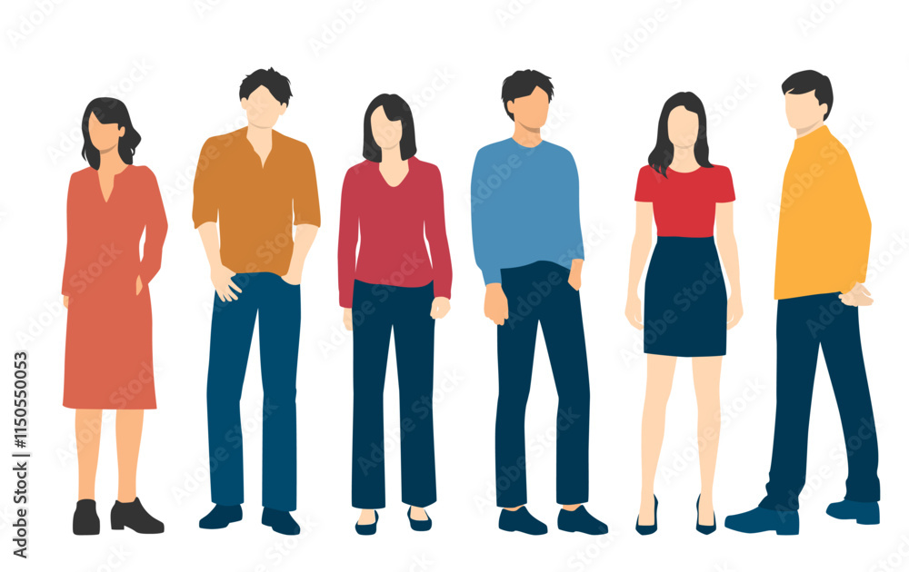 Obraz premium Set of young men and women , different colors, cartoon character, group of silhouettes of standing business people, students, design concept of flat icon, isolated on white background