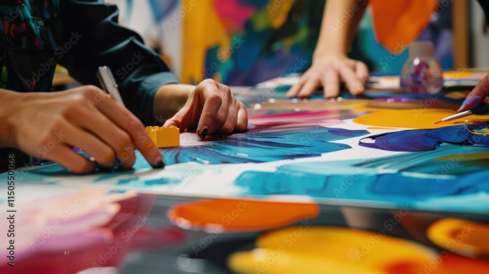 Fototapeta premium Two artists working together on a vibrant abstract painting, using various colors and techniques. Hands carefully applying paint to a large canvas. Creative process in progress. Close-up view..