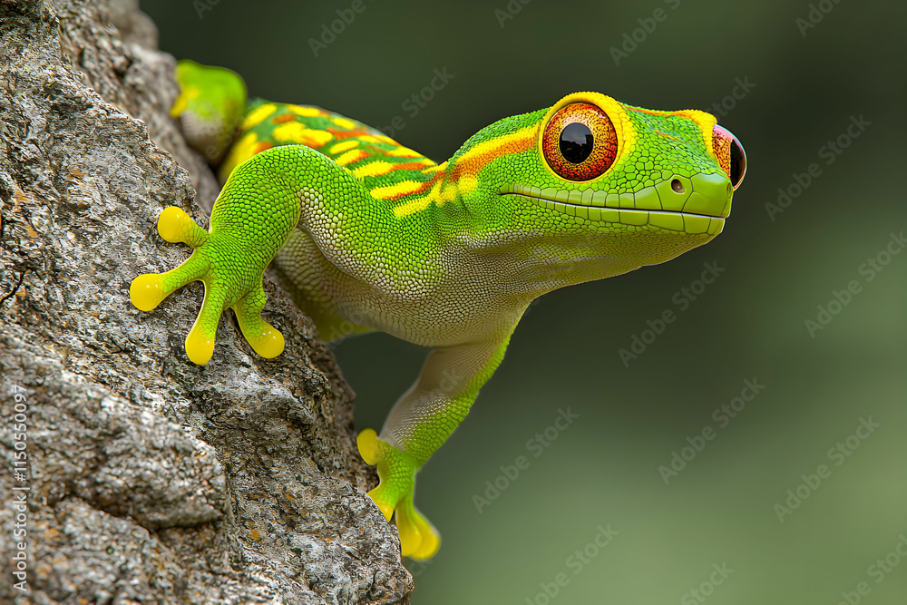 Fototapeta premium Bright Green Tree Frog Climbing a Rough Tree Bark with Vivid Orange and Yellow Eye Patterns