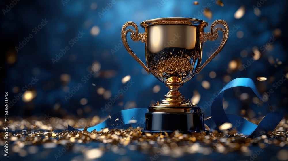 Golden trophy on blue background with confetti celebrating achievement and success Golden trophy on blue background with confetti celebrating achievement and success