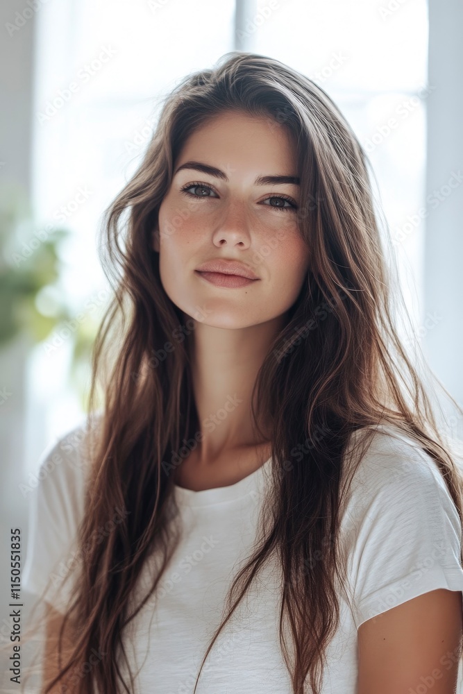 an attractive woman with long brown hair, wearing a white t shirt in a bright room, looking at the camera, window on blur background an attractive woman with long brown hair, wearing a white t shirt in a bright room, looking at the camera, window on blur background