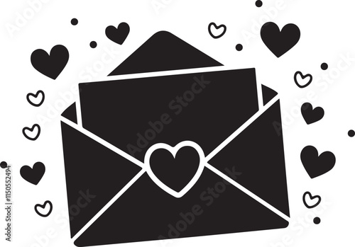 A silhouette of an envelope with a heart seal partially opened to reveal a letter Valentine's Day, valentine card with hearts
