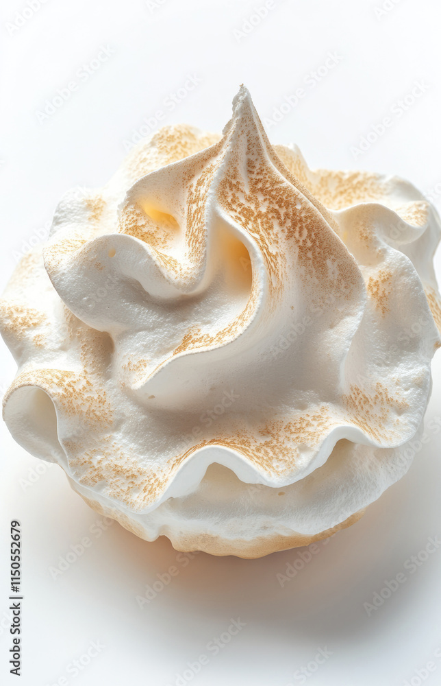 Elegant meringue dessert with golden-brown peaks on white background Elegant meringue dessert with golden-brown peaks on white background
