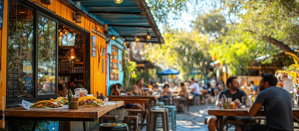 Busy outdoor cafe with customers enjoying food and drinks. Busy outdoor cafe with customers enjoying food and drinks.