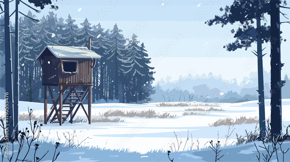 Winter Forest Hunting Blind on Snowy Field Winter Forest Hunting Blind on Snowy Field