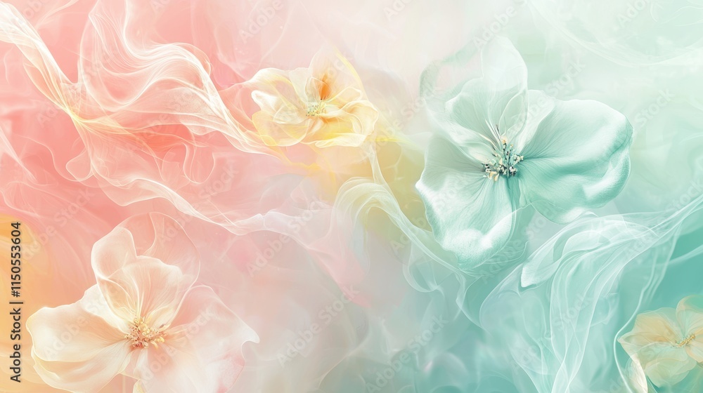 Airy Organic Spring Background with Flowing Pastel Floral Shapes in Mint, Pink, and Yellow Airy Organic Spring Background with Flowing Pastel Floral Shapes in Mint, Pink, and Yellow