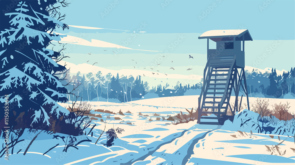 Winter Hunting Blind by Snowy Field Next to Forest - Professional Hunting Scene Winter Hunting Blind by Snowy Field Next to Forest - Professional Hunting Scene