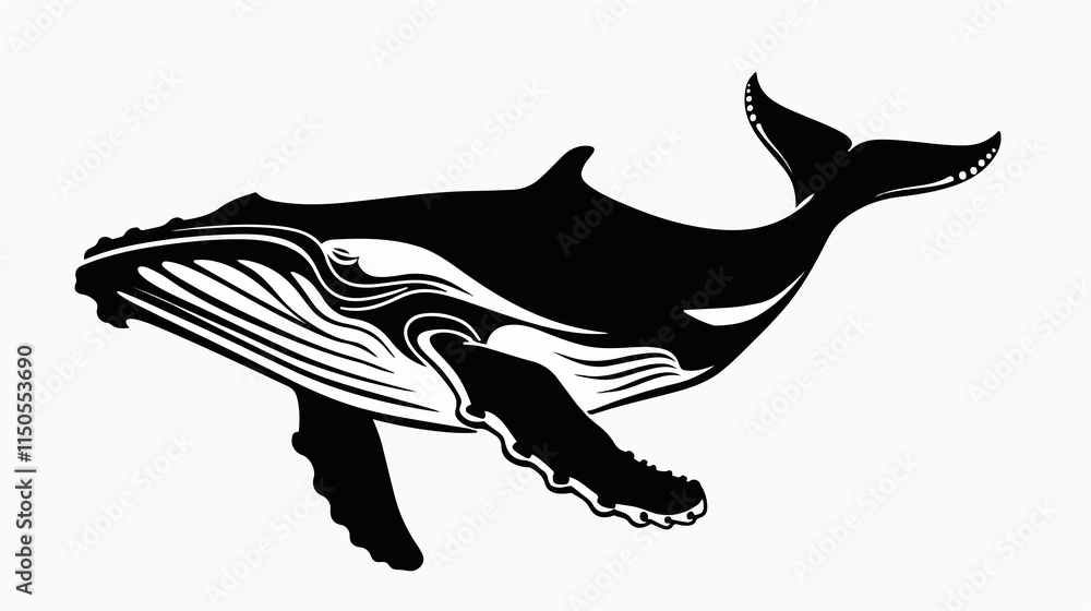 Obraz premium Humpback Whale Black and White Drawing Flat Vector Illustration