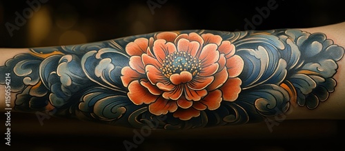 Fototapeta Naklejka Na Ścianę i Meble -  Detailed peony tattoo design on arm.