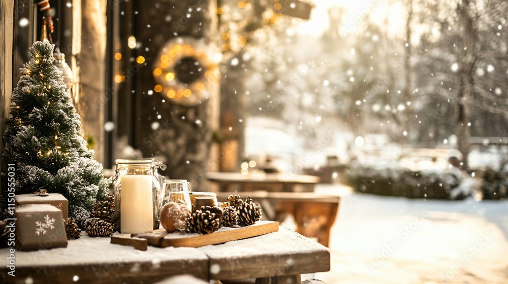 Christmas celebration with festive treats winter wonderland table arrangement snowy outdoor setting cozy atmosphere Christmas celebration with festive treats winter wonderland table arrangement snowy outdoor setting cozy atmosphere