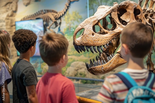 A group of children are looking at a dinosaur skeleton in a museum