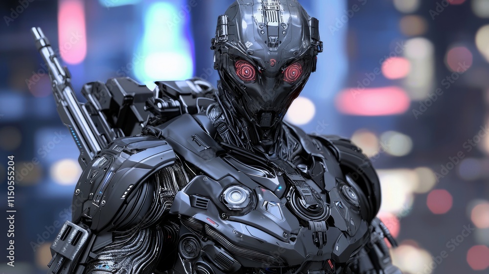 Futuristic Cybernetic Bounty Hunter in Neon City - 3D Rendered Sci-Fi Digital Artwork with High-Tech Weaponry and Galactic Tension Futuristic Cybernetic Bounty Hunter in Neon City - 3D Rendered Sci-Fi Digital Artwork with High-Tech Weaponry and Galactic Tension
