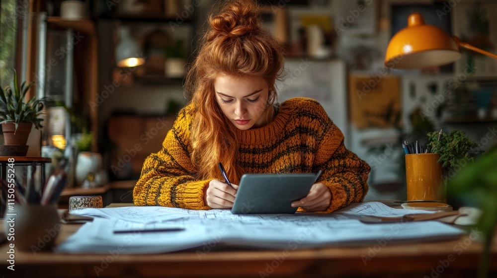 Young woman sketching on tablet at desk. Young woman sketching on tablet at desk.