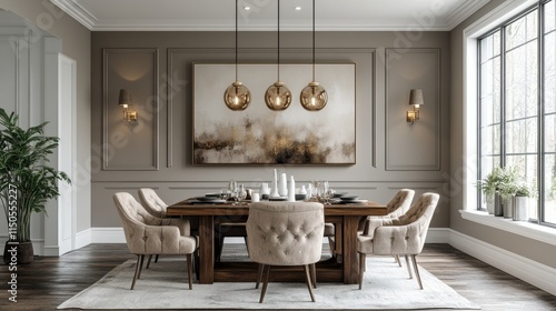 Modern elegant dining room with neutral tones and contemporary decor
