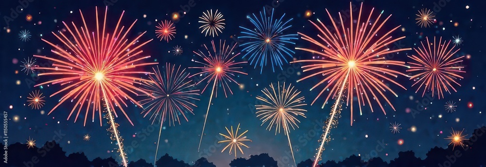 Fototapeta premium Multicolor fireworks with cityscape at twilight time