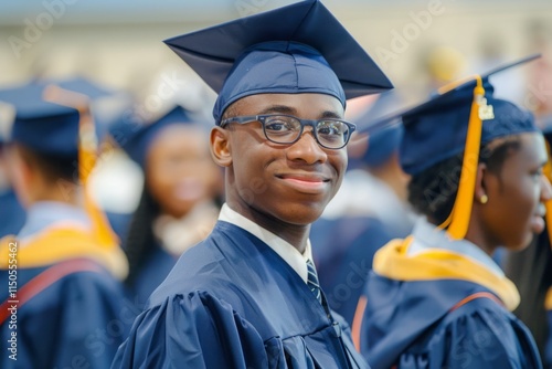A young man wearing a blue cap and gown is smiling for the camera