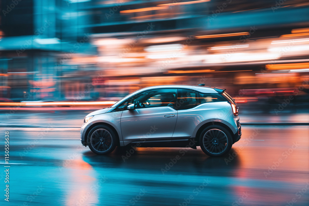Electric car moving fast in the urban city street with motion blur, sustainable green transportation concept Electric car moving fast in the urban city street with motion blur, sustainable green transportation concept