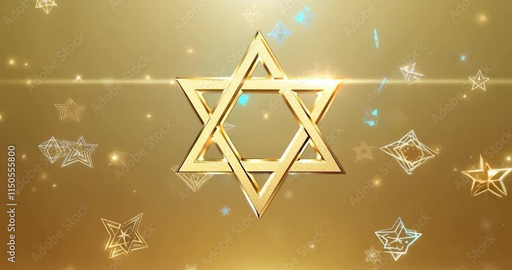 a golden Hanukkah card, with the Star of David in the center glowing brightly as small, sparkling lights hover around a golden Hanukkah card, with the Star of David in the center glowing brightly as small, sparkling lights hover around