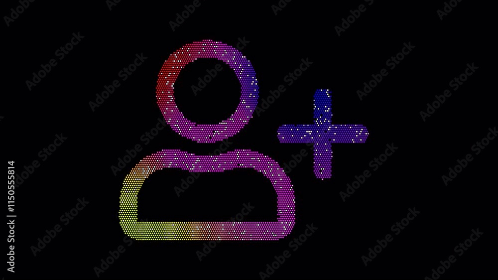 Icon user plus is made up of LED square shapes that shimmer and flicker. There are black dead diodes. In-Out looped. Alpha BW at the end Icon user plus is made up of LED square shapes that shimmer and flicker. There are black dead diodes. In-Out looped. Alpha BW at the end